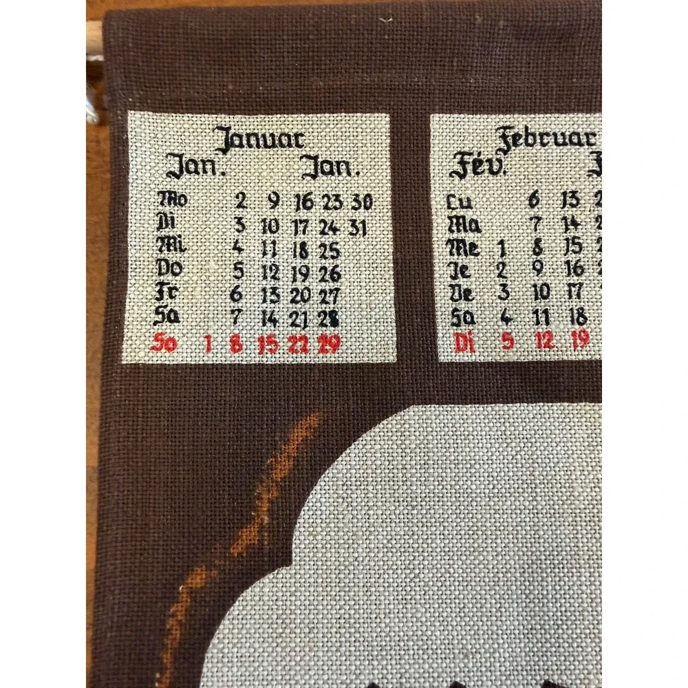 Vintage German Linen Tea Towel Calendar 1978 Floral Brown Yellow Red White
